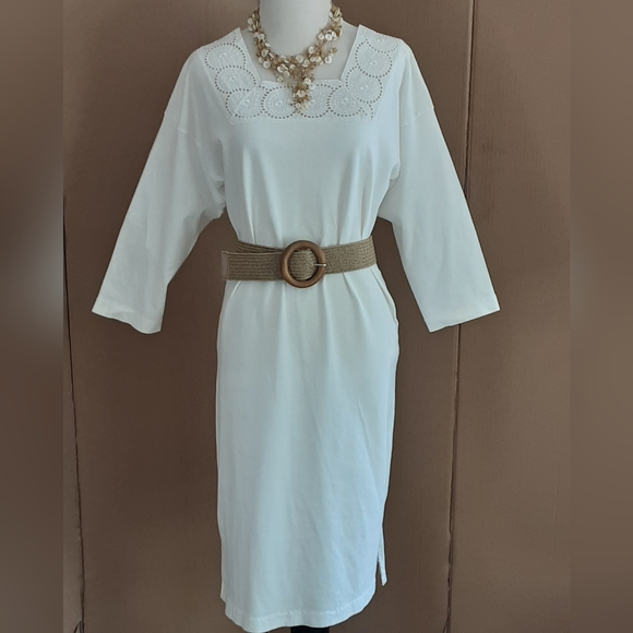 White Lace Embroidered Paisley Square Neckline 100% Cotton Casual Dress Sz M - Picture 3 of 7